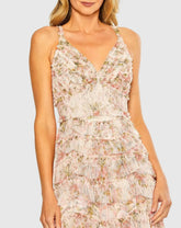 Pink Sleeveless V Neck Floral Mesh Ruffle Midi Dress